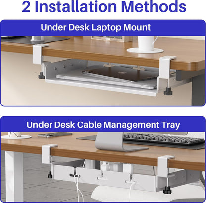 No Drill Under Desk Laptop Mount, Metal Under Desk Storage Shelf with Cable Management, Laptop Storage Tray for MacBook, Keyboard, Mac Mini, Anti-Scratch Silicone, Fits Office, Gaming, Workstations
