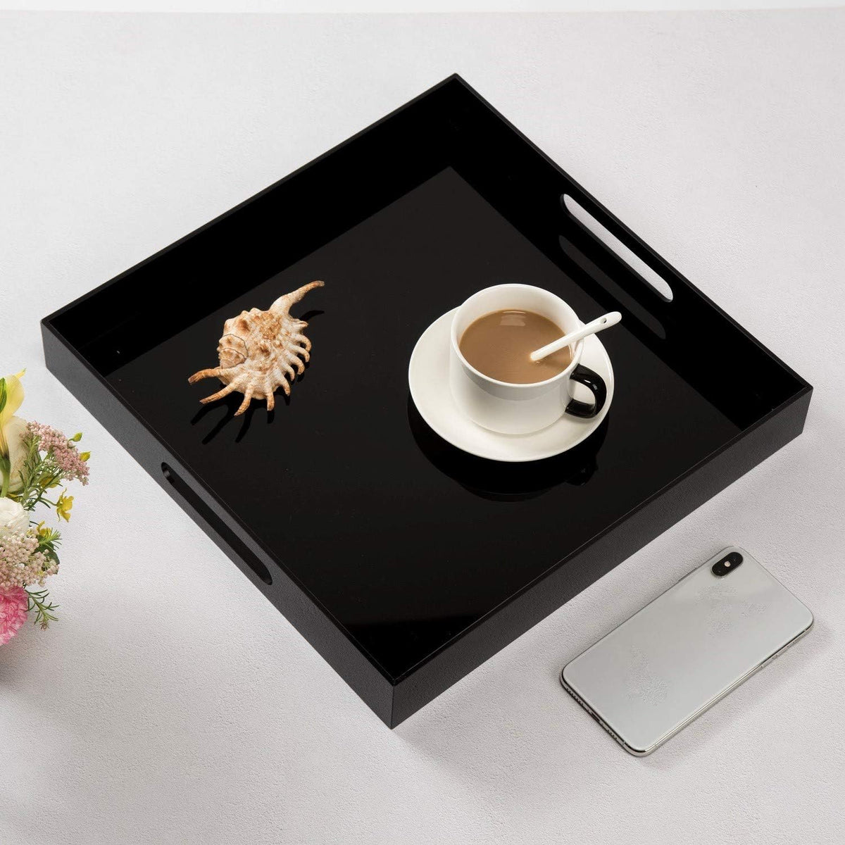 KEVLANG Glossy White Sturdy Acrylic Serving Tray with Handles-12x20 Inch-Serving Coffee Appetizer Breakfast-Kitchen Countertop Makeup Drawer Organizer-Vanity Table Ottoman Decorative Tray