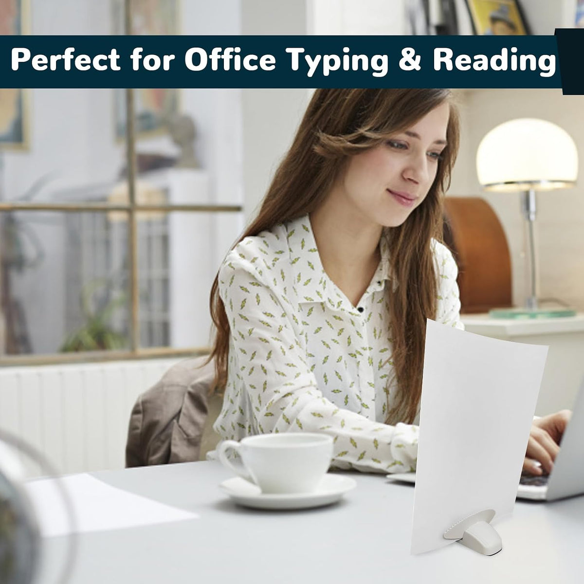 Paper Holder for Typing, White Typing Stand Document Holder with Weighted Base and Clip, Compact Paper Stand for Desk When Typing, Copy Holder for Notes, Forms and Office Work