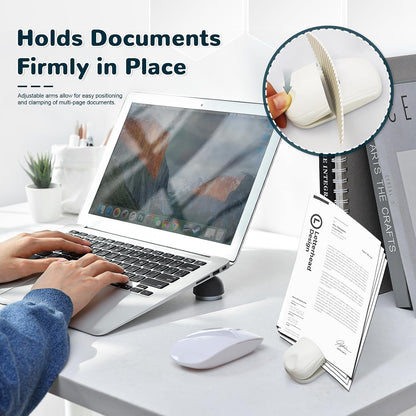 Paper Holder for Typing, White Typing Stand Document Holder with Weighted Base and Clip, Compact Paper Stand for Desk When Typing, Copy Holder for Notes, Forms and Office Work