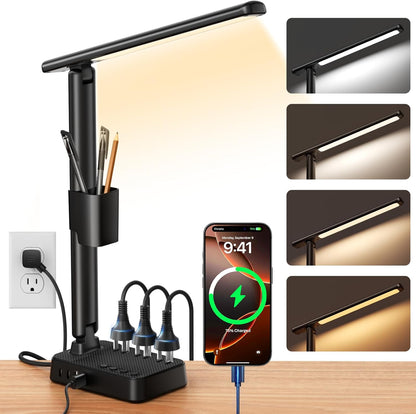 LED Desk Lamp with Power Strip, 3 AC Outlets & 4 USB Ports (2 USB-C), Stepless Dimming & 2800K-6500K Eye-Caring Desk Light, Foldable Table Lamp with 5FT Cord for Home Office, Dorm Room Essentials