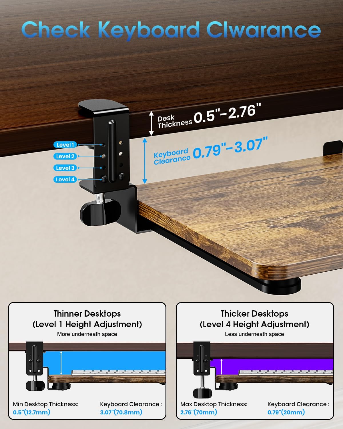 Small Keyboard Tray Under Desk, Pull Out Keyboard & Mouse Tray with Adjustable C-clamp, 20(25.9 Including Clamps) x 11.8 Inch Slide Out Computer Keyboard Drawer Mouse Tray for Typing, Walnut