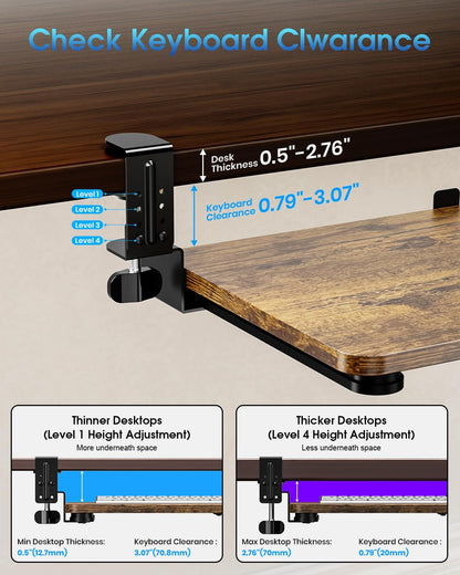 Small Keyboard Tray Under Desk, Pull Out Keyboard & Mouse Tray with Adjustable C-clamp, 20(25.9 Including Clamps) x 11.8 Inch Slide Out Computer Keyboard Drawer Mouse Tray for Typing, Walnut