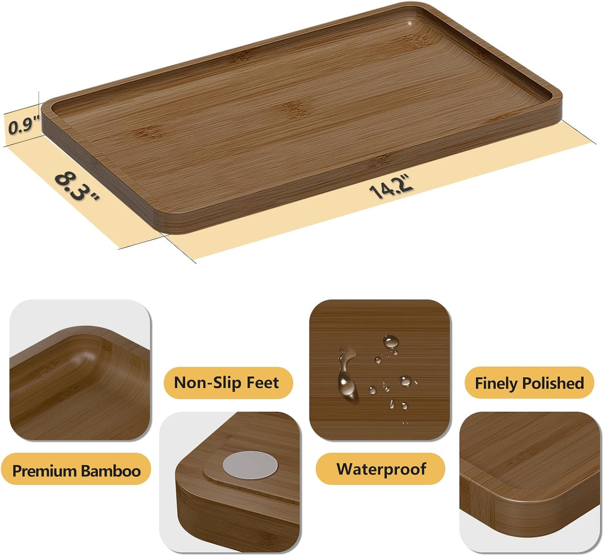 Small Bathroom Vanity Tray for Countertop Makeup Perfume Jewelry Decor Candle Keys, Small Black Kitchen Tray for Soap Dispenser Spice Bamboo Toilet Tray 7.9" L x 4" W x 0.79" H