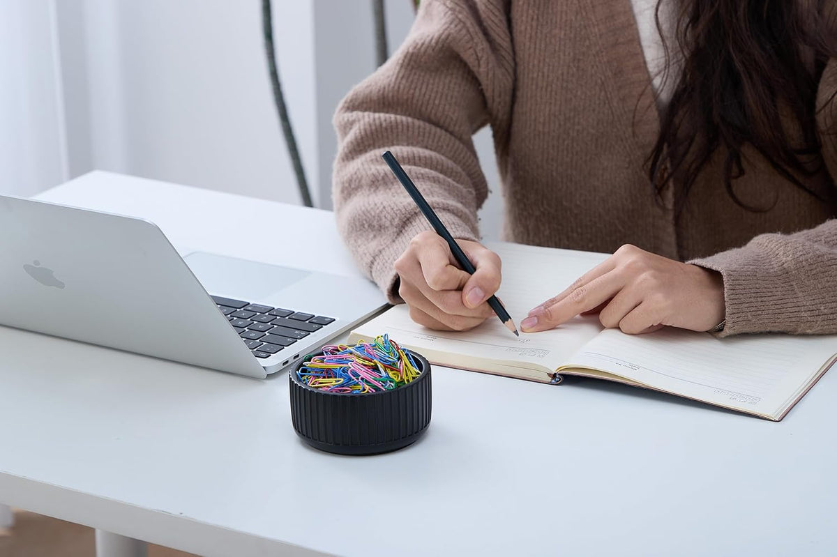 Aotea Crafts Mondern Concrete Paper Clip Holder for Desk- Aesthetic Fluted Paperclip Holder for Desk - Sturdy Minimalist Paper Clip Organizer Dispenser - Large Capacity & Charcoal Black