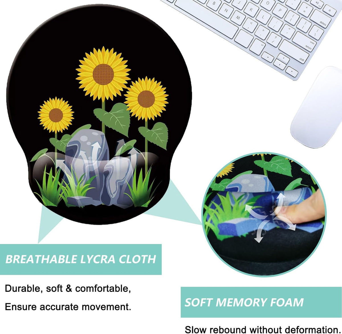 Mouse Pad with Wrist Support, Ergonomic Mouse Pad with Memory Foam Wrist Rest Cushion, Non-Slip Rubber Base Gaming Mice Pad for Home Office Computer Laptop, Flower Black