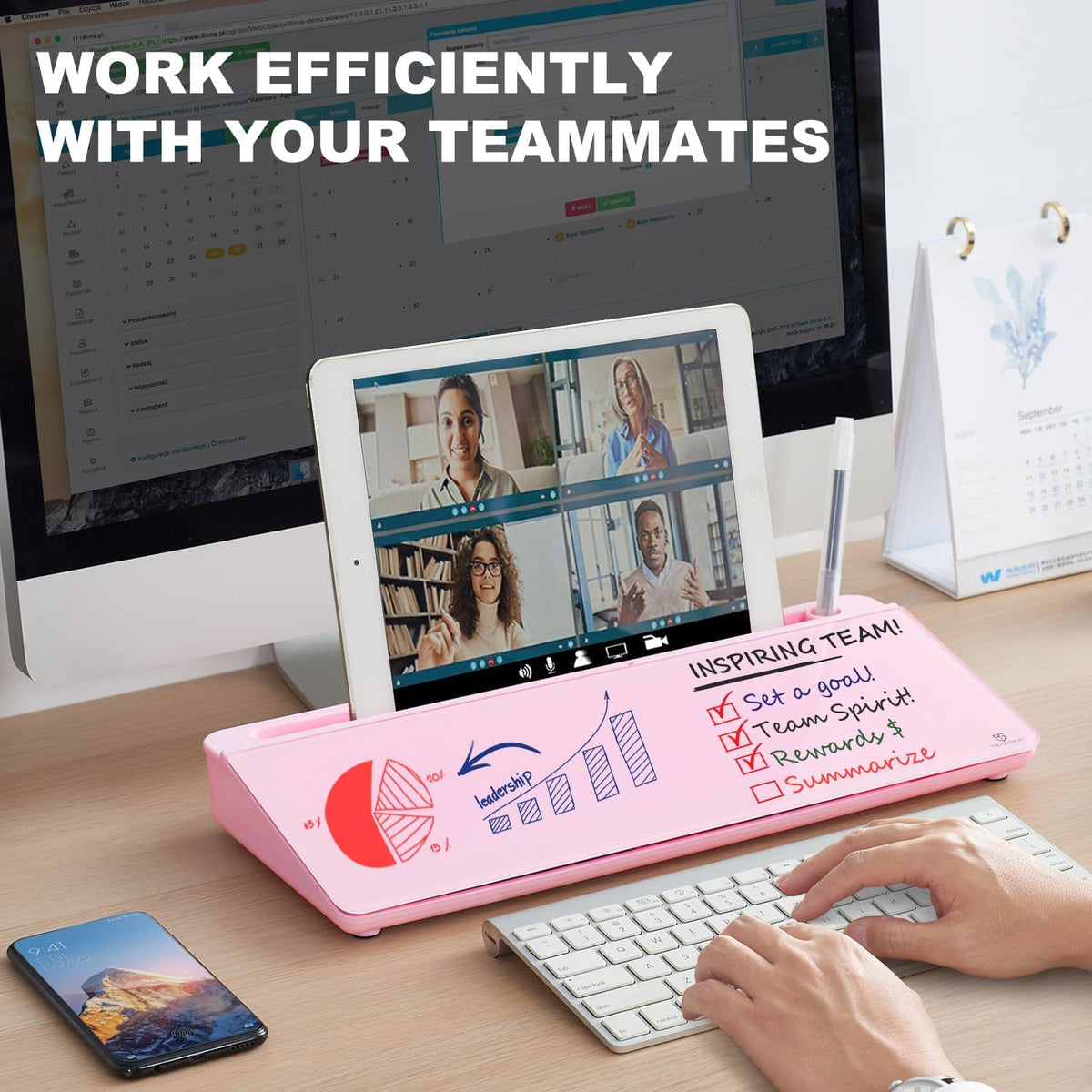 TSJ OFFICE Desktop Whiteboard Dry-Erase-Board - Computer Keyboard Stand White Board Surface Pad with Drawer, Desk Organizers with Accessories for Office, Home, School Supplies - Black