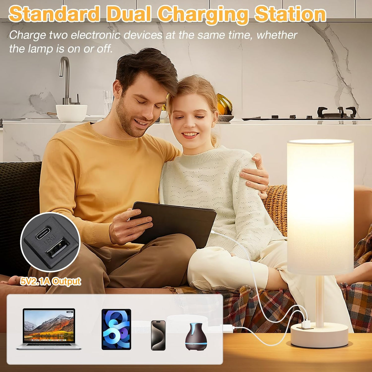Dicoool Bedside Table Lamp for Bedroom - 3-Way Dimmable Touch Lamp, USB A+C
