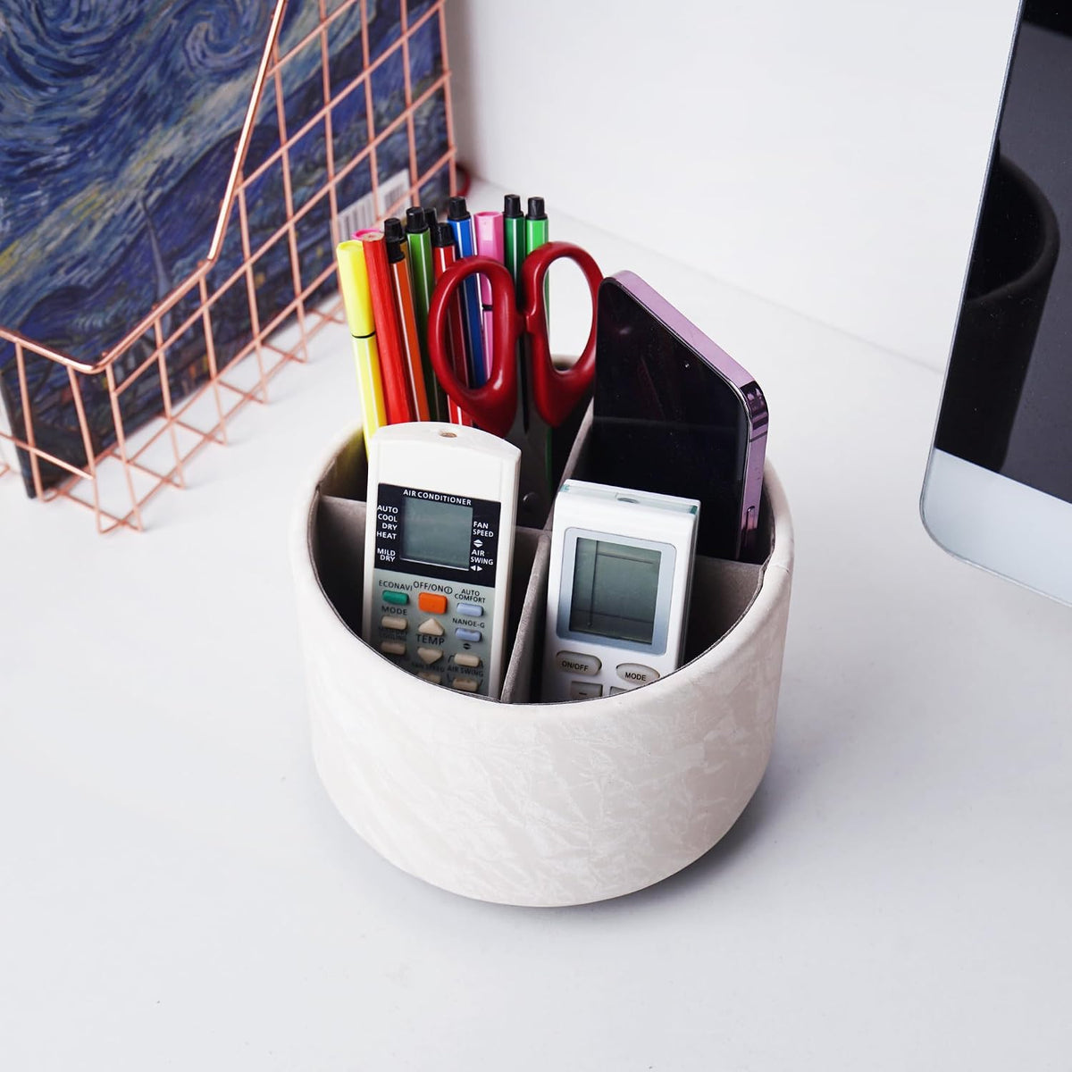 Round Leather Art Supply Organizer,Remote Control Holder,360 Degree Rotating,Multi-Functional Pencil Holder,4 Compartments Desktop Stationary Organizer(1-Blue Bird) - Colors B