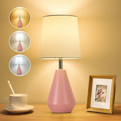 Small Bedside Table Lamp for Bedroom - Reading Desk Lamp with 3 Color Temperatures，15.5" Nightstand Ceramic Lamp with Fabric Shade for Kids Room,Living Room,Dorm,Home Office (Green)