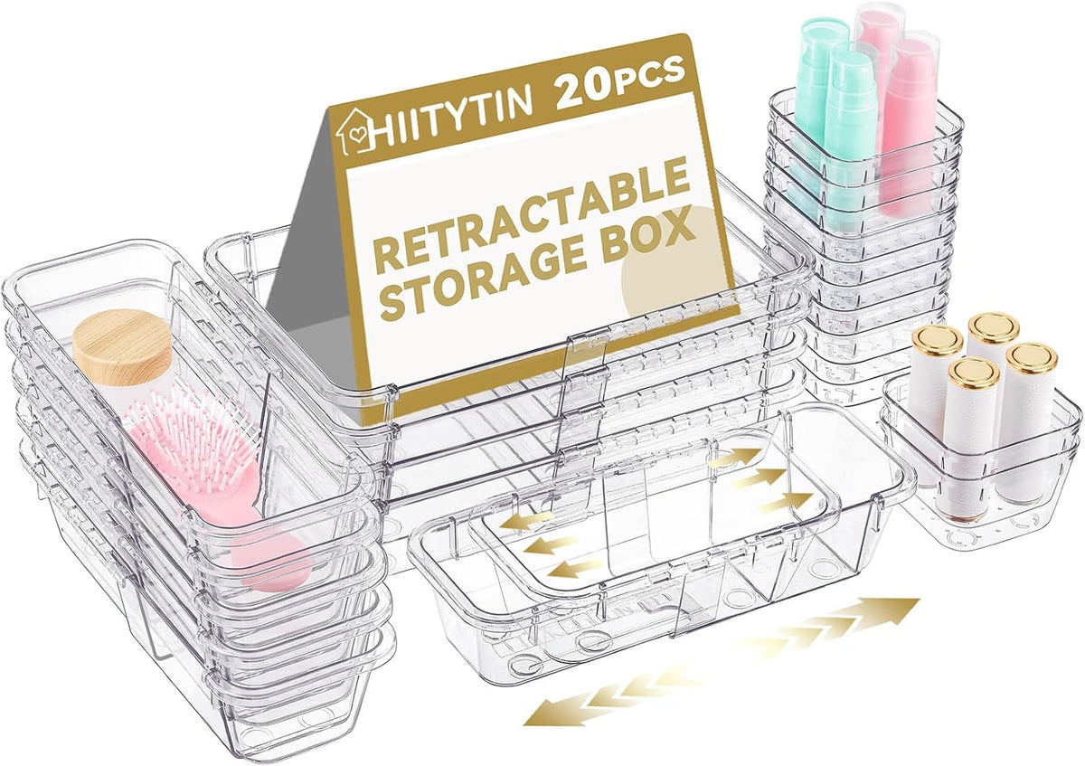 Adjustable Clear Drawer Organizer, Extendable Vanity Storage Bins, Desk Drawer Organizer Set for Makeup, Cosmetics, Bedroom, and Gadgets, Purple