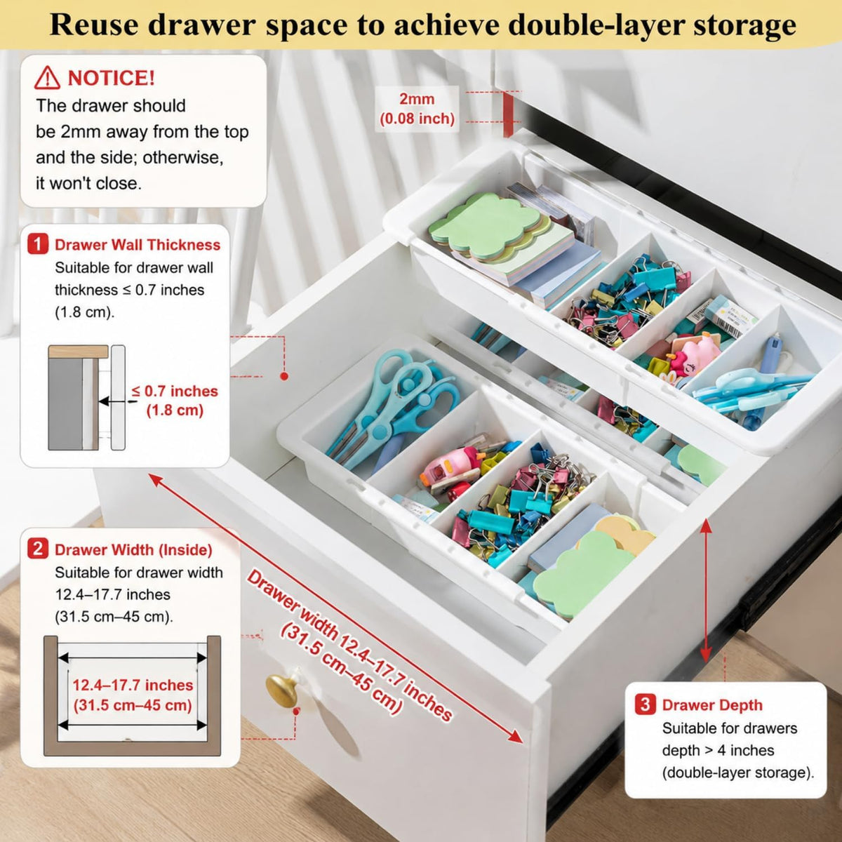 2 Pcs Expandable Drawer Organizer Bins Adjustable Deep Drawer Hanging Organizer Tray Expandable 11.4 to 18.1 Inches Plastic Dividers Storage for Office Bathroom Bedroom Kitchen Desk, White