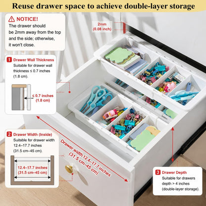2 Pcs Expandable Drawer Organizer Bins Adjustable Deep Drawer Hanging Organizer Tray Expandable 11.4 to 18.1 Inches Plastic Dividers Storage for Office Bathroom Bedroom Kitchen Desk, White