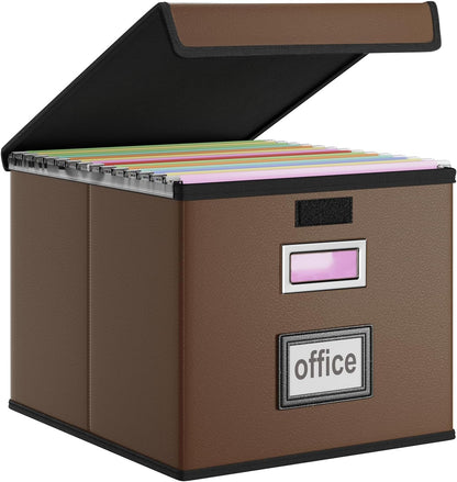 Upgraded Portable File Organizer Box with Lid, Collapsible Linen Hanging Filing Storage Boxes with Plastic Slides, Decorative Home/Office Filing System Box for File and Folders Storage (Gray)