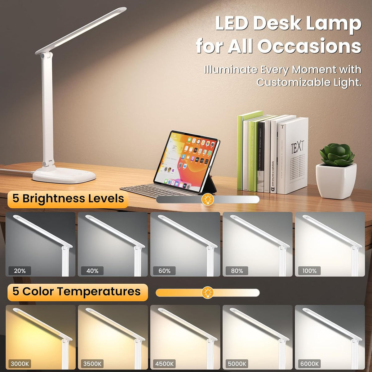 Desk Lamp with Charger, 10%-100% Stepless Dimmable & 5 Color Modes Study Lamp, Touch Control, 30-/60-minute Timer, USB Charging Output Port, CRI≥90, Eye-Caring Foldable LED Desk Lamps for Home Office