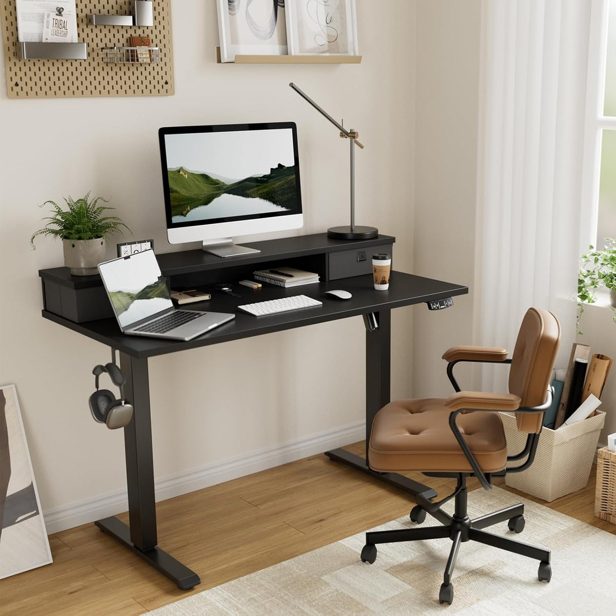 48 * 24 Inch Electric Standing Desk with Shelf & Led, Dark Walnut