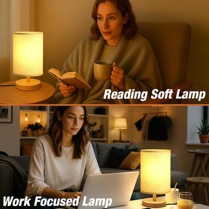 Desk Lamp LED Bulb Included, Small Bedside Table Lamp Plug-in - Classic Wood Base with Flaxen Fabric Shade, Lamps for Night Stands, Simple Nightstand Light for Bedroom, Office, Desk