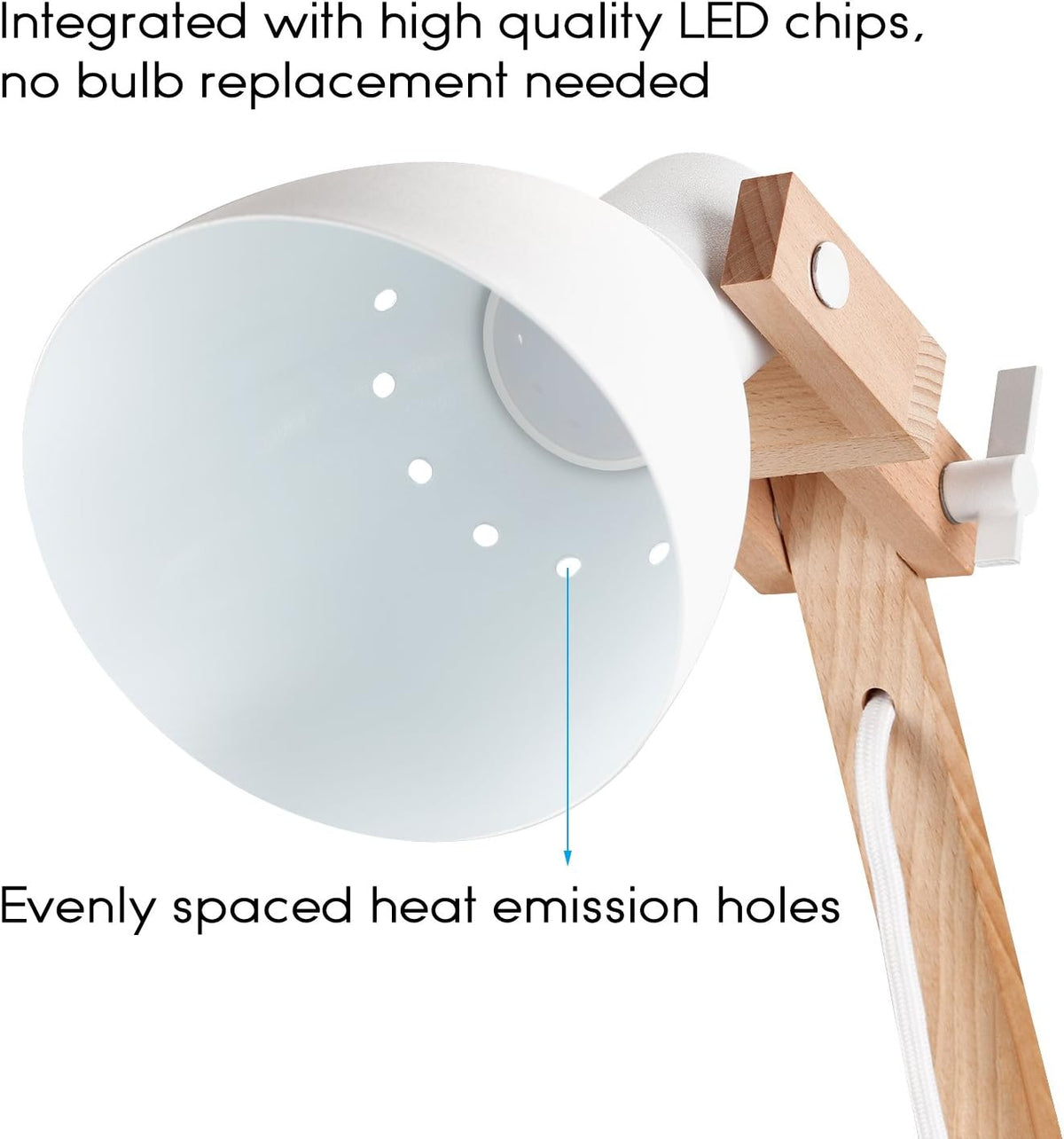 TORCHSTAR LED Swing Arm Desk Lamp, Wood Integrated Table Lamp, Heavy Base, 4-Level Dimmer, 5W, 2800K-3000K Warm White, Reading Lights for Office, Living Room, Bedroom, Bedside Nightstand Lamp, White