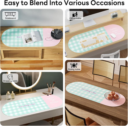Checkered Pattern Desk Pad Protector, 35.5 x 13'' Aesthetic Mouse Mat for Desktop, Waterproof PU Leathe Non-Slip Desk Writing Pad for Office and Home, Green and Purple