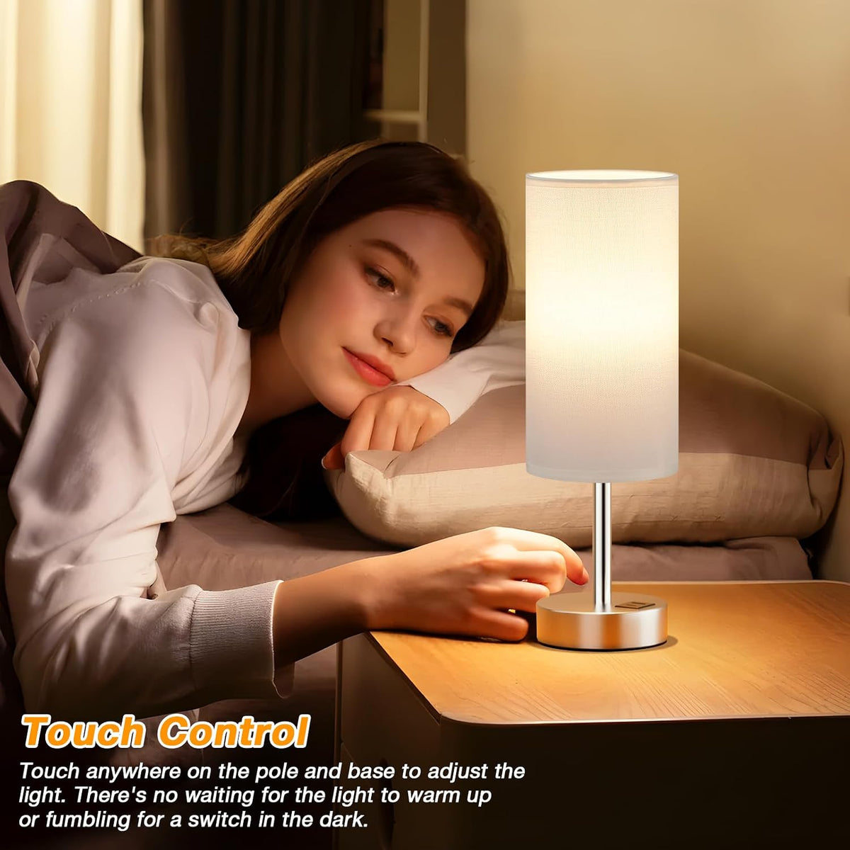 Dicoool Bedside Table Lamp for Bedroom - 3-Way Dimmable Touch Lamp, USB A+C