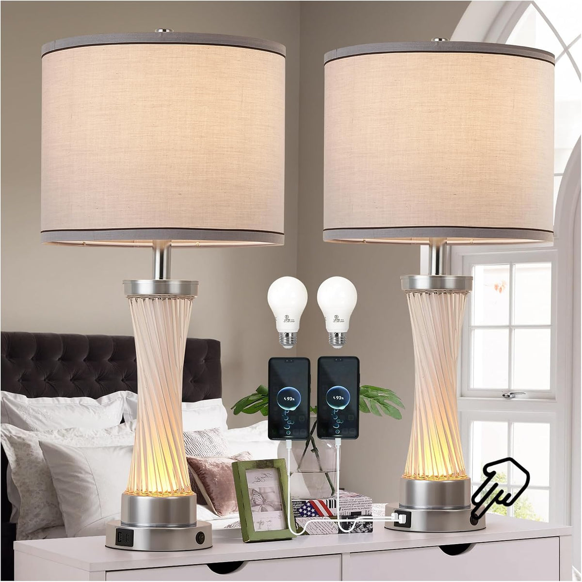 Small Bedside Table Lamp for Bedroom - Reading Desk Lamp with 3 Color Temperatures，15.5" Nightstand Ceramic Lamp with Fabric Shade for Kids Room,Living Room,Dorm,Home Office (Green)