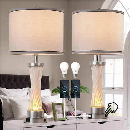 Small Bedside Table Lamp for Bedroom - Reading Desk Lamp with 3 Color Temperatures，15.5" Nightstand Ceramic Lamp with Fabric Shade for Kids Room,Living Room,Dorm,Home Office (Green)