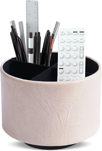 Round Leather Art Supply Organizer,Remote Control Holder,360 Degree Rotating,Multi-Functional Pencil Holder,4 Compartments Desktop Stationary Organizer(1-Blue Bird) - Colors C