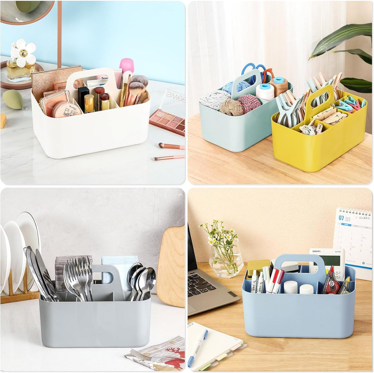 Multiuse Caddy Organizer with Handle, Portable Divided Plastic Tote Bin - Art Craft, Stationary Pen Marker Crayons, Makeup Hair Supplies Storage - Bathroom, Classroom, Dorm, Office, Desk Holder -Black