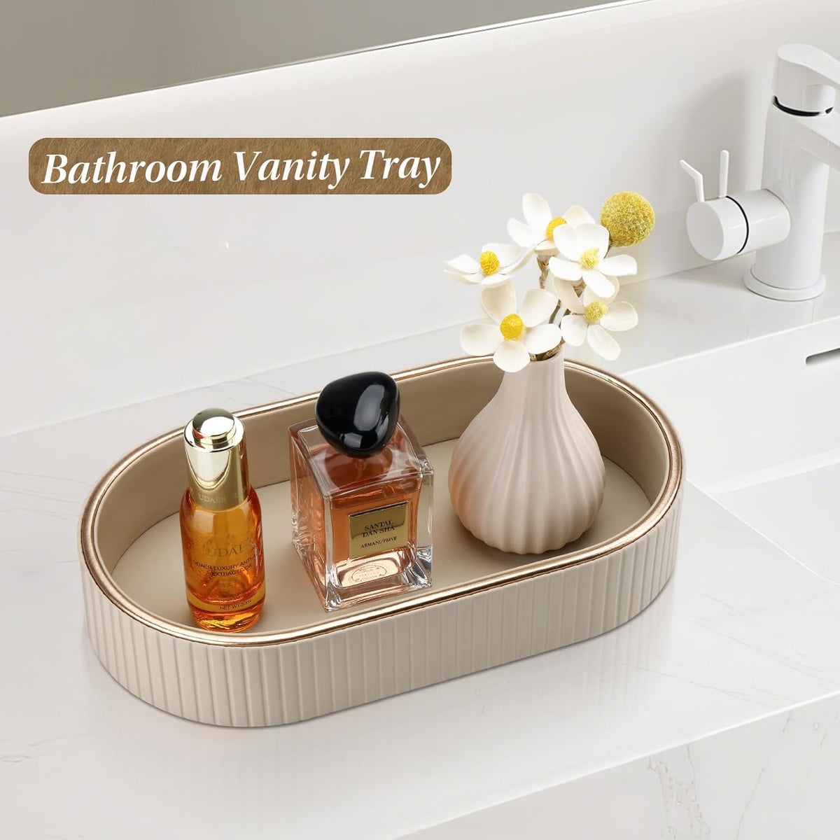 GORESE PU Leather Perfume Tray Nightstand Organizer, Small Oval Desk Tray Jewelry Trinket Trays Valet Organizer Key Bowl for Entryway Dresser Bathroom, Catchall Trays for Men Women, 11×5.9 in, Beige