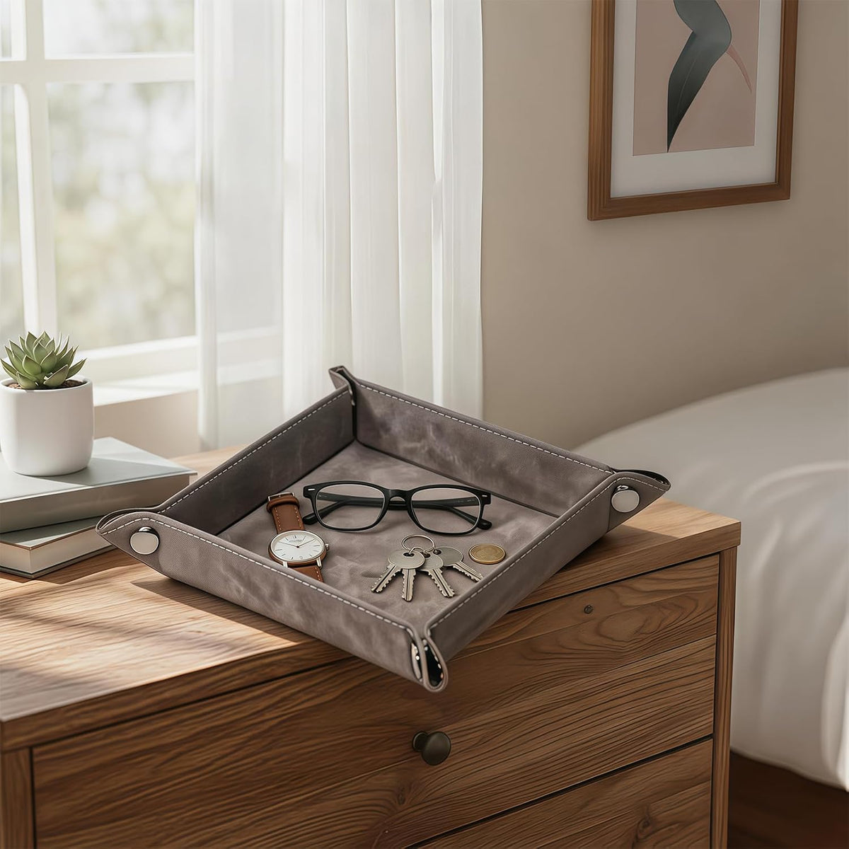 Valet Tray Desktop Storage Organizer – Vegan Leather Catchall Bedside Vanity Tray Nightstand Caddy Holder for Remote Controller, Watch, Keys, Phone, Wallet, Coin, Jewelry (Orange/Black)