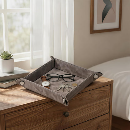 Valet Tray Desktop Storage Organizer – Vegan Leather Catchall Bedside Vanity Tray Nightstand Caddy Holder for Remote Controller, Watch, Keys, Phone, Wallet, Coin, Jewelry (Orange/Black)