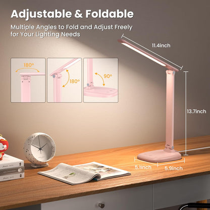 Desk Lamp with Charger, 10%-100% Stepless Dimmable & 5 Color Modes Study Lamp, Touch Control, 30-/60-minute Timer, USB Charging Output Port, CRI≥90, Eye-Caring Foldable LED Desk Lamps for Home Office