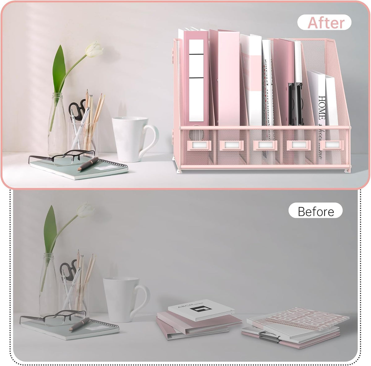 Desk Organizers Metal Desk Magazine File Holder with 5 Vertical Compartments Rack File Organizer for Office Desktop, Classroom, Home Workspace, Black