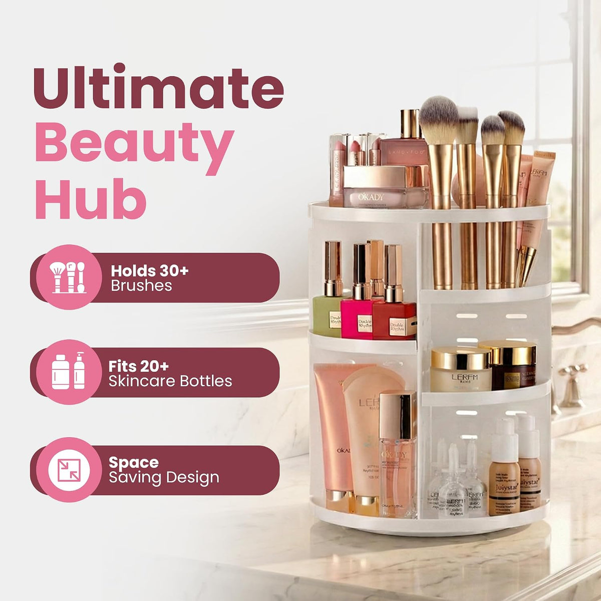 Masirs 360 Rotating Makeup Organizer Countertop - Adjustable Shelf Height - The Perfect Round Spinning Cosmetic Organizer for Bedroom Dresser or Vanity Countertop Storage (Clear)