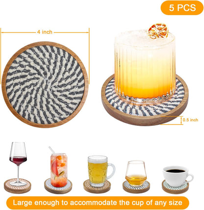 Wood Coasters for Drinks, Eykao Absorbent Coaster Sets of 5, Woven Drink Coasters for Coffee Table, Housewarming Gift for Farmhouse Home Decor,4 inches