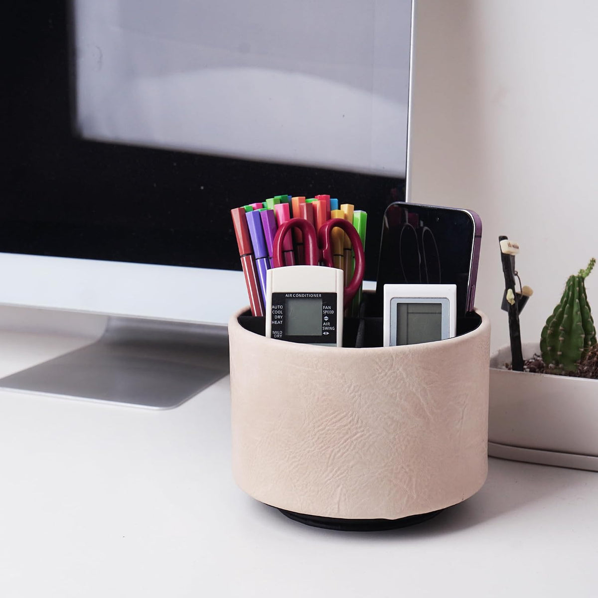 Round Leather Art Supply Organizer,Remote Control Holder,360 Degree Rotating,Multi-Functional Pencil Holder,4 Compartments Desktop Stationary Organizer(1-Blue Bird) - Colors C