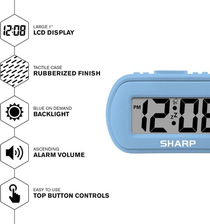 Sharp Digital Alarm Clock – Tactile Plastic Case with Soft Rubberized Finish - Battery Operated – Blue Backlight on Demand – Ascending Alarm – Easy to Use – Charcoal Black