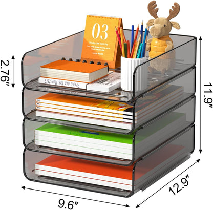 FANXIYQ 4-Tier Acrylic Paper Tray Organizer, Clear Stackable Desk File Organizer for Documents, Files, Letters, A4 Paper, Books, Notes, Mail & Paper Storage, Office Classroom Home