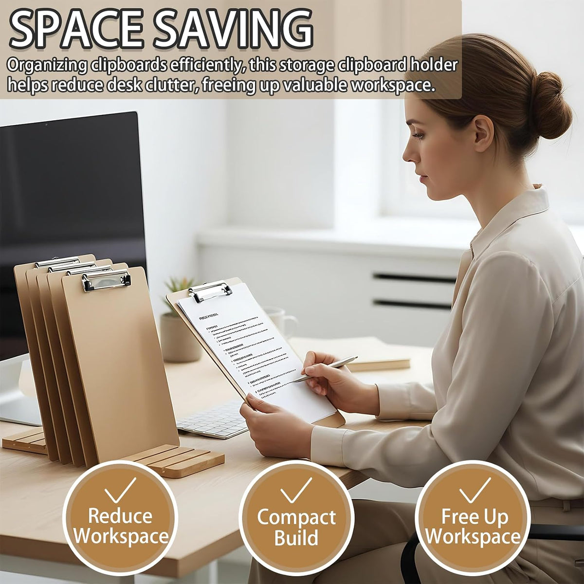 Bamboo Clipboard Holder, 12 Slots Clipboard Organizer, Storage Rack, Document Typing Paper Stand, Receipt Holder, Menu Display Receipt, for Office School Teacher No Assembly Required, 5.9x15.7''