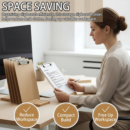 Bamboo Clipboard Holder, 12 Slots Clipboard Organizer, Storage Rack, Document Typing Paper Stand, Receipt Holder, Menu Display Receipt, for Office School Teacher No Assembly Required, 5.9x15.7''
