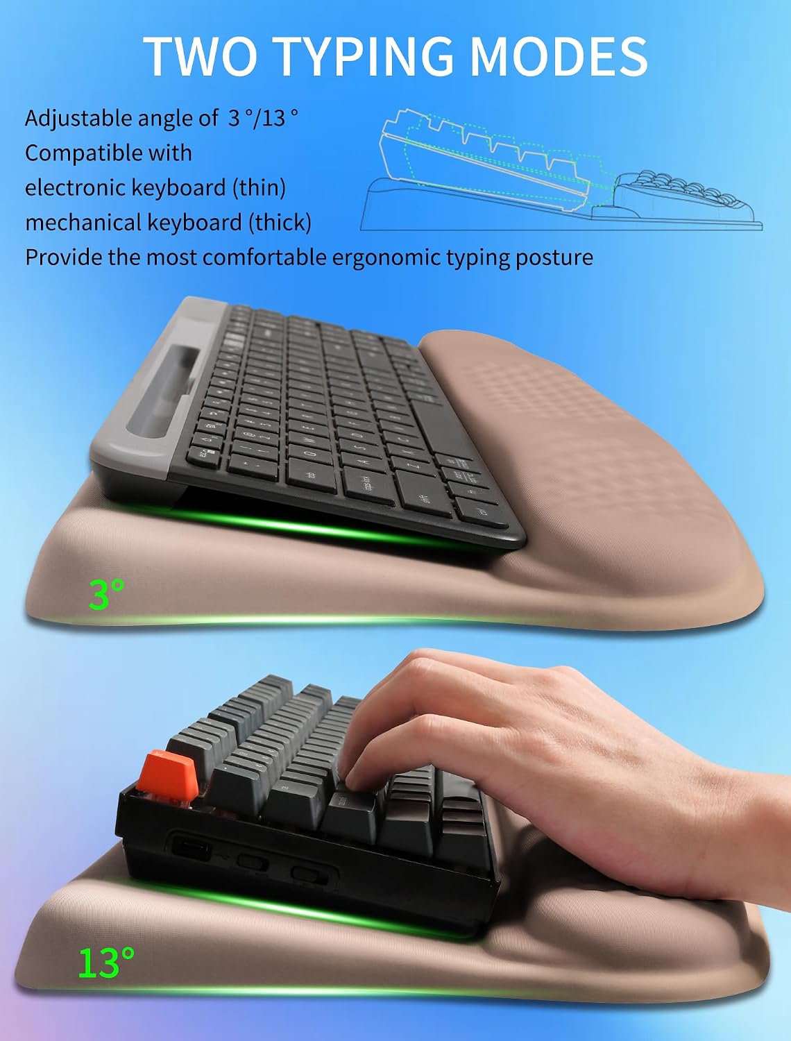 Ergonomic Wave Wrist Rest with Keyboard Stand, Cushioned Palm Rest, Comfortable Integrated Memory Foam for Natural Typing and Relieve Wrist Pain, Dark Night Black