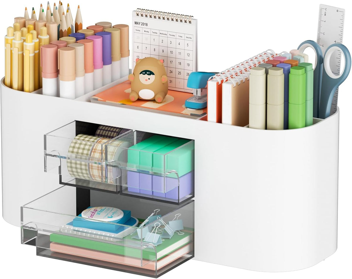 Marbrasse Desk Organizer Pen Holder for Desk with 3 Drawers, Multi-Functional Pencil Holder, Desk Organizers and Accessories with 7 Compartments for Home, School, Classroom(Pink)