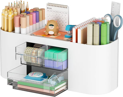Marbrasse Desk Organizer Pen Holder for Desk with 3 Drawers, Multi-Functional Pencil Holder, Desk Organizers and Accessories with 7 Compartments for Home, School, Classroom(Pink)