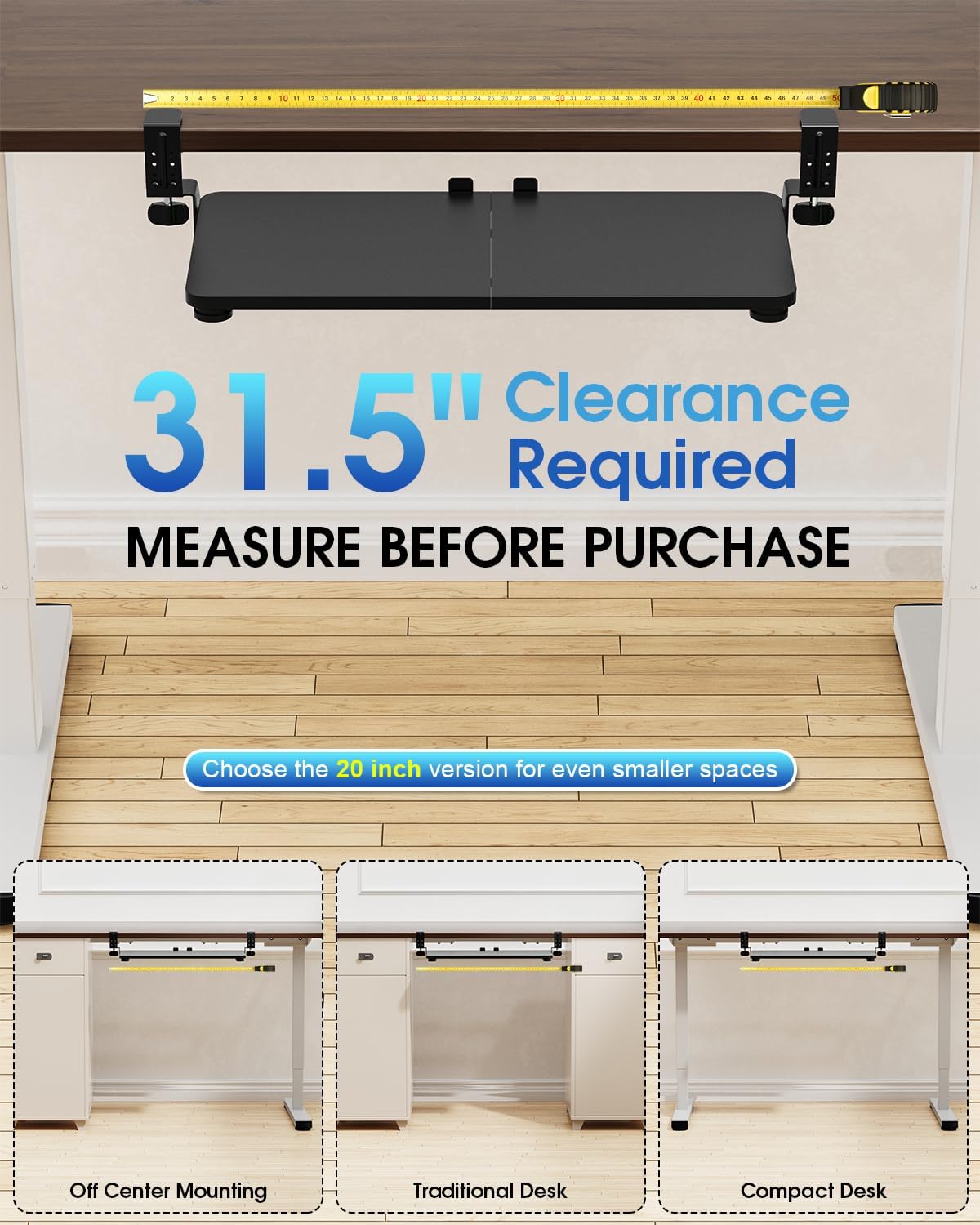 Small Keyboard Tray Under Desk, Pull Out Keyboard & Mouse Tray with Adjustable C-clamp, 20(25.9 Including Clamps) x 11.8 Inch Slide Out Computer Keyboard Drawer Mouse Tray for Typing, Walnut