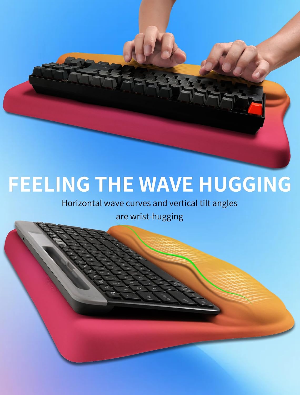 Ergonomic Wave Wrist Rest with Keyboard Stand, Cushioned Palm Rest, Comfortable Integrated Memory Foam for Natural Typing and Relieve Wrist Pain, Dark Night Black