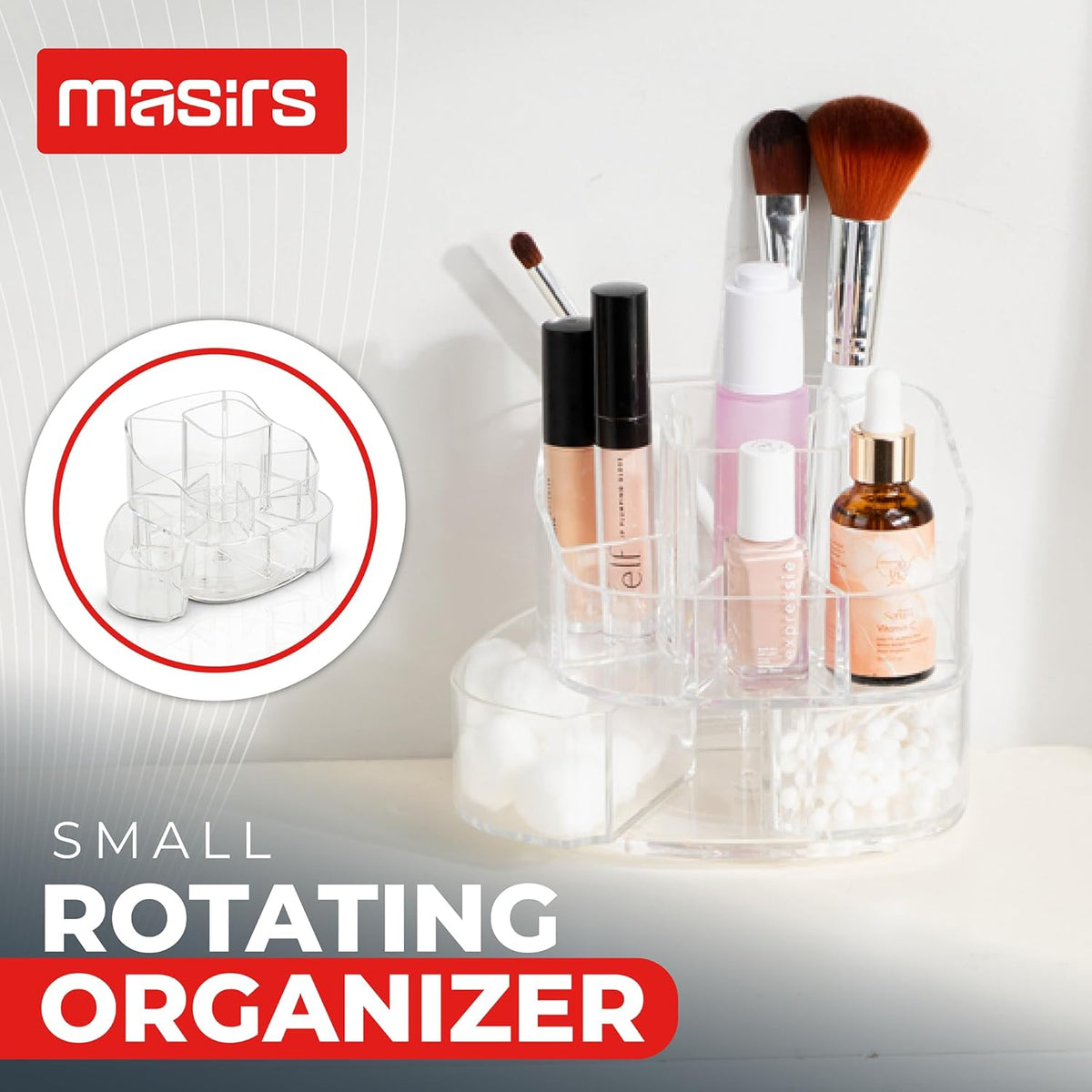 Masirs 360 Rotating Makeup Organizer Countertop - Adjustable Shelf Height - The Perfect Round Spinning Cosmetic Organizer for Bedroom Dresser or Vanity Countertop Storage (Clear)