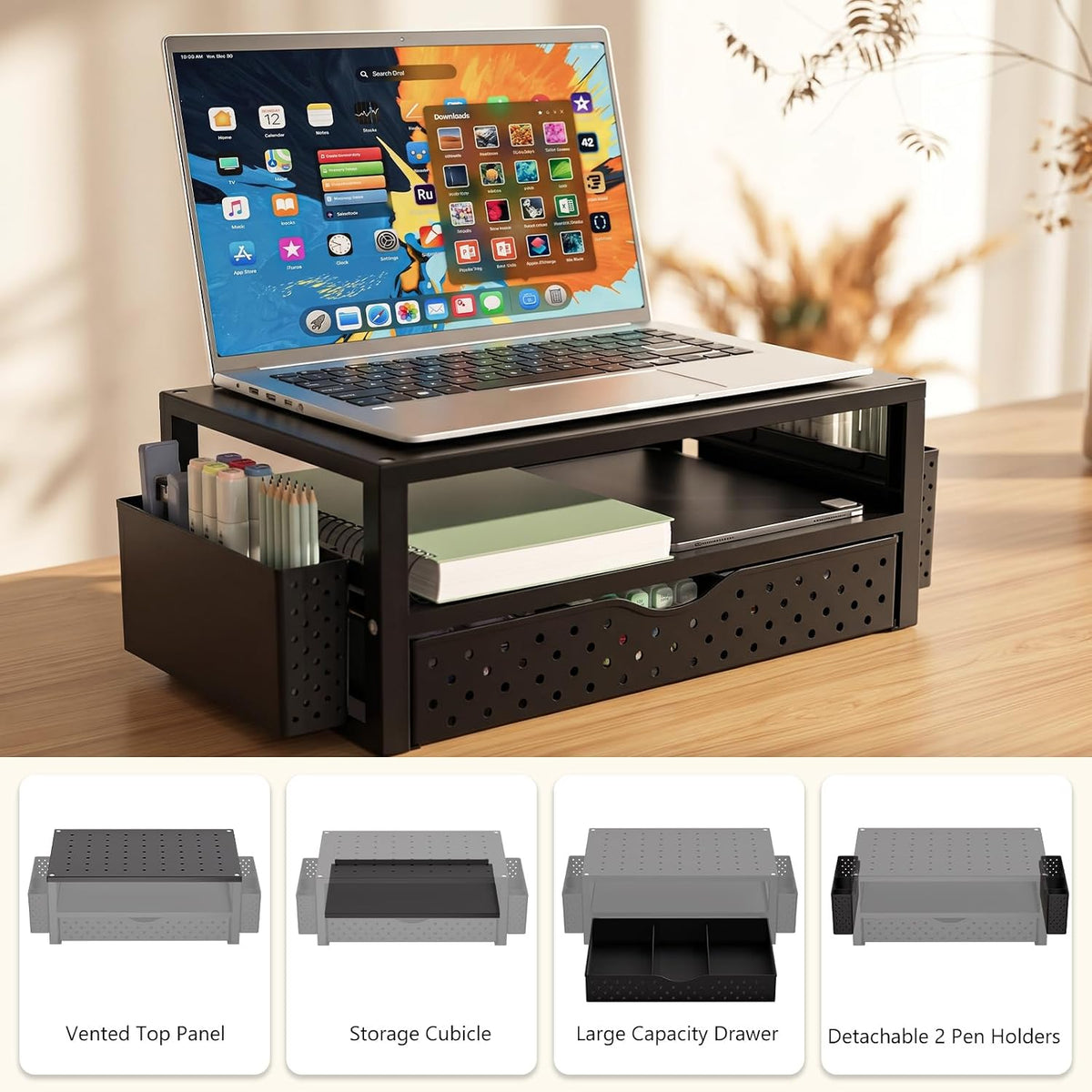 WALI Monitor Stand Riser with Drawer, Desk Organizers and Accessories for Computer, Printer, Laptop Stand for Home Office Supplies, (PTT005-B), 1 Pack, Black