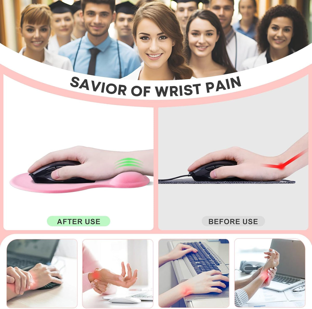 JIKIOU Mouse Pad, 2 Pack Ergonomic Mouse Pads with Comfortable Gel Wrist Rest Support and Smooth Cloth, Non-Slip PU Base for Easy Typing Pain Relief Durable and Easy to Clean Small Black