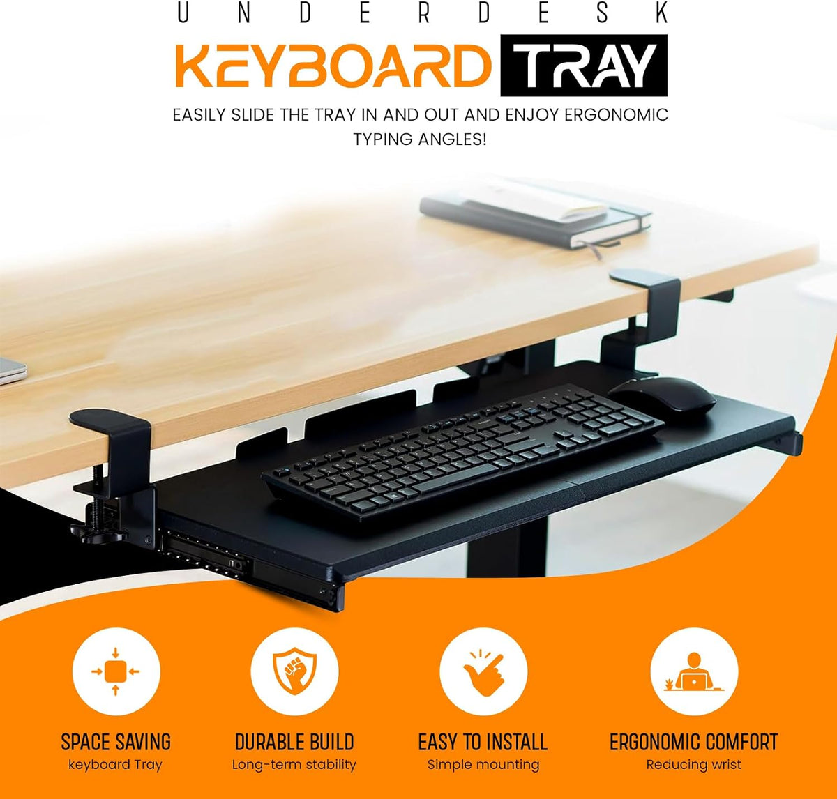Keyboard Tray Under Desk Slide Out | MDF Board Platform with Iron Rail | Ergonomic Pull-Out Drawer with Clamp Mount | Space Saving Keyboard Shelf Attachment for Home Office Desk