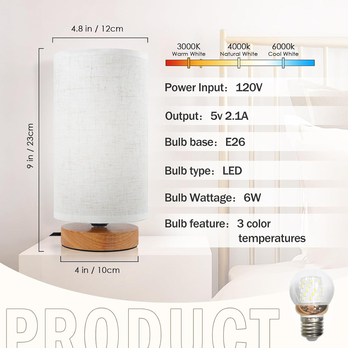 Small Bedside Table Lamp for Bedroom,Natural Round Wood Base&Fabric Linen Shade,Cozy Night Table Light for Study Reading,Minimalist Boho Desk Lamp for Nightstand,Living Room,Nursery,Kitchen,Dorm